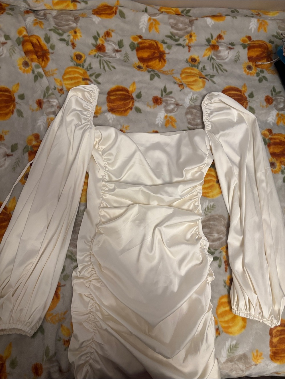 Oh Polly Ivory Satin Ruched Long Sleeve Mini Dress